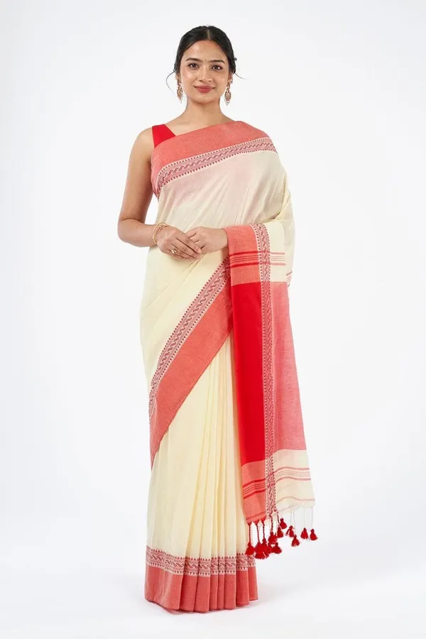 White_Cotton_Kahdi_Saree_With_Blouse_Piece_For_Women