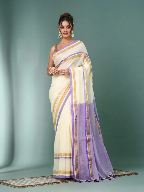 Off_White_Mul_Cotton_With_Blouse_Piece_Saree_For_Women