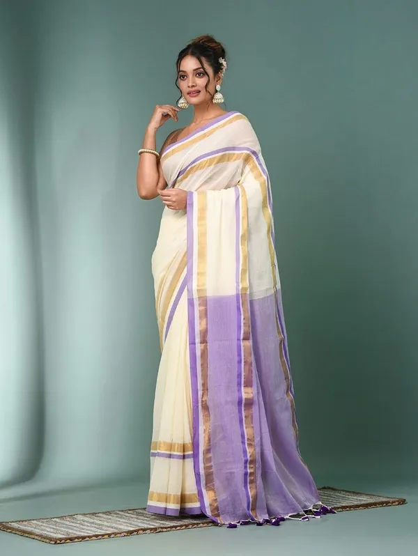 Off_White_Mul_Cotton_With_Blouse_Piece_Saree_For_Women