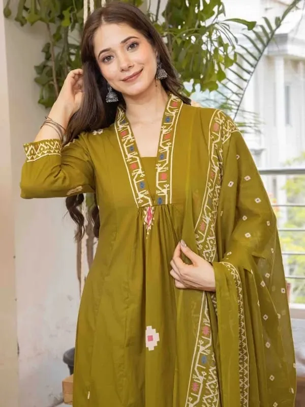 Elegant_Olive_Green_Anarkali_Kurta_Set_with_Printed_Dupatta
