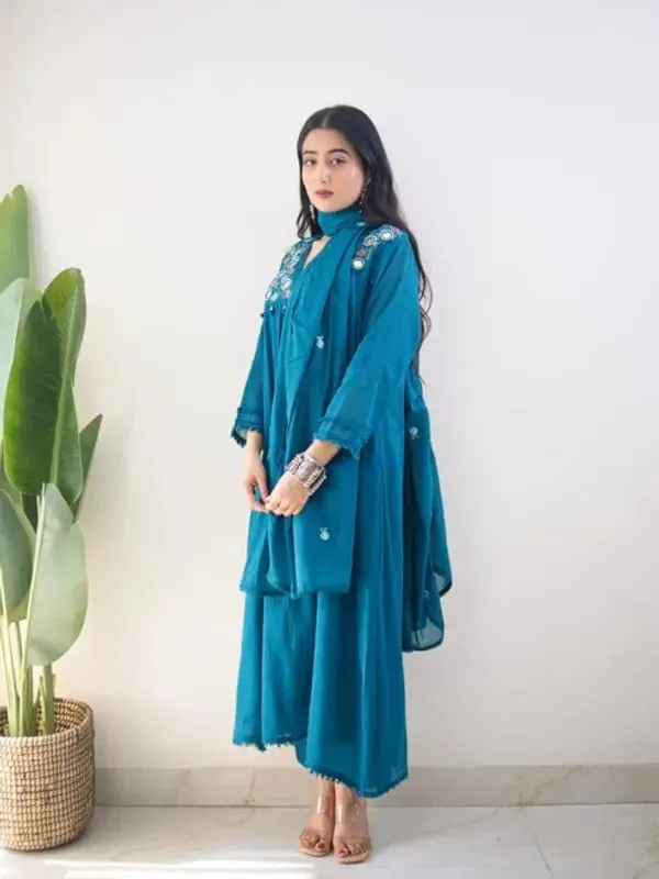 Teal_Blue_Mirror_Embroidered_Kurta_Pant_Set_with_Dupatta