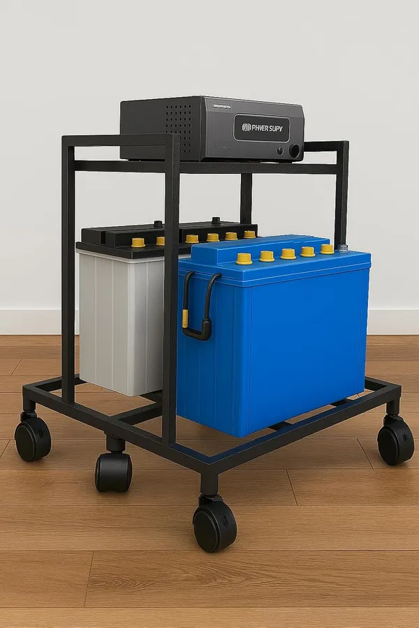 Black_Metal_Ups_Trolley_Stand_With_Wheels,_2_Shelf_Frame,_Metal_Inverter_Trolly_(Double_Battery_Stand)