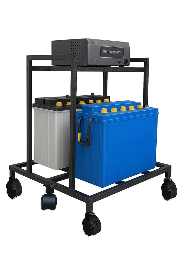 Black_Metal_Ups_Trolley_Stand_With_Wheels,_2_Shelf_Frame,_Metal_Inverter_Trolly_(Double_Battery_Stand)