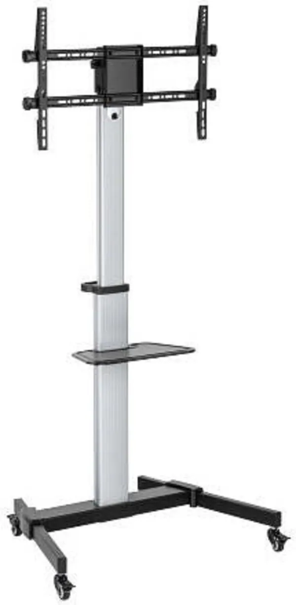 Silver_And_Black_Mobile_Tv_Cart_Stand_With_Height_Adjustable_Shelf,_37_86_In_Tv_Mount,_50Kg_Capacity,_Toolless_Tilt