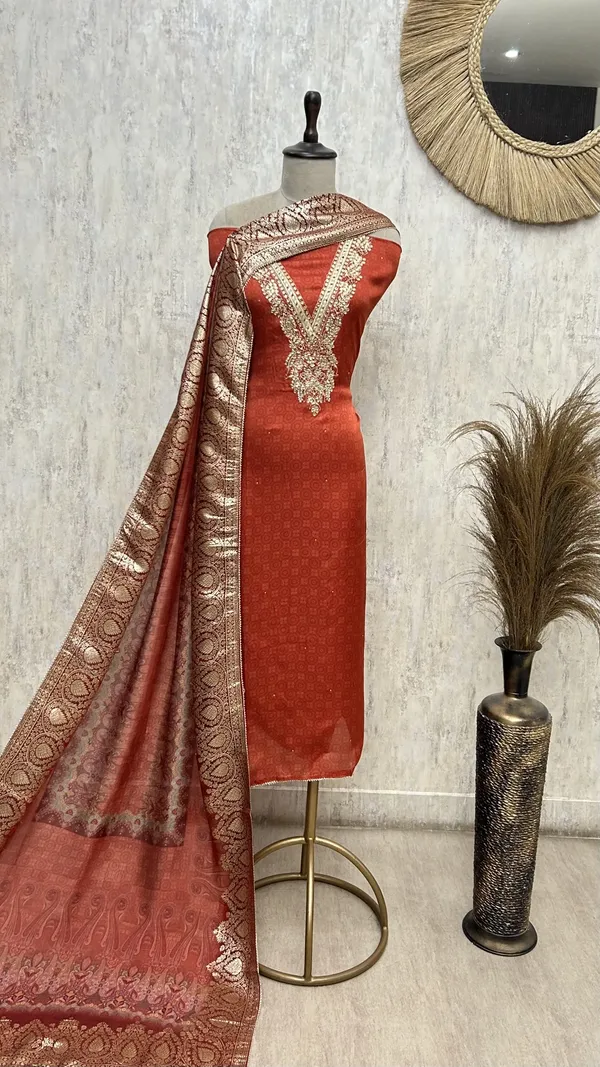 Royal_Red_Zari_Elegance_Unstitched_Suit_Rust_Orange_With_Golden_Embroidery