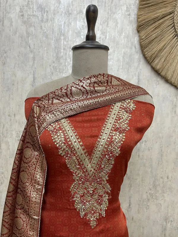 Royal_Red_Zari_Elegance_Unstitched_Suit_Rust_Orange_With_Golden_Embroidery