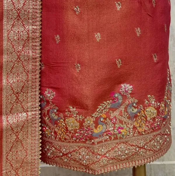 Teal_Elegance_Drape_Tissue_Unstitched_Suit_Rust_Red