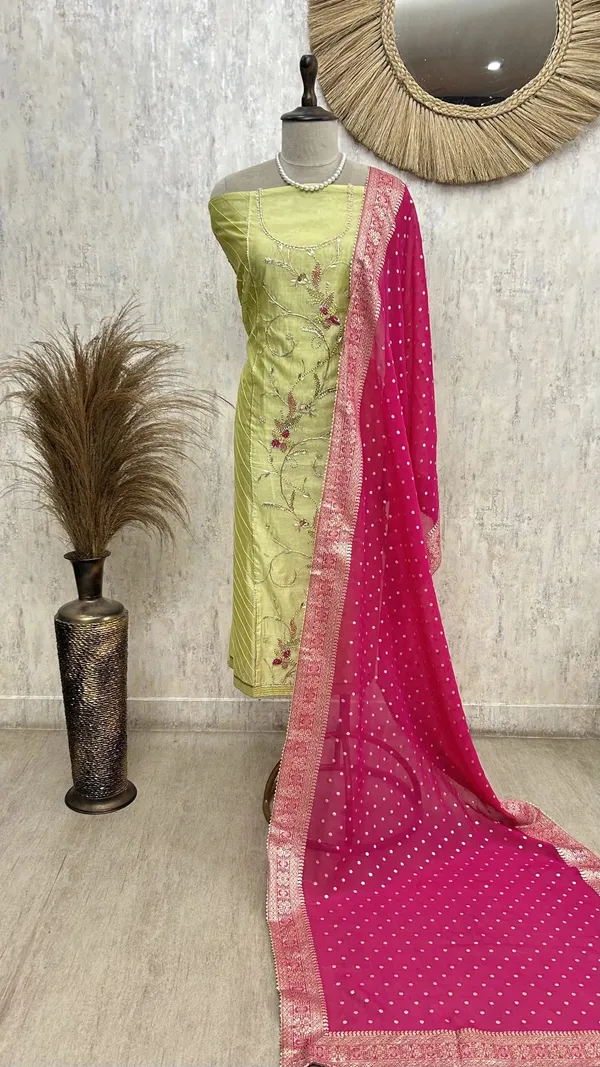 Maheshwari_Unstitched_Suit_With_Floral_Hand_Embroidery_Neon_Green