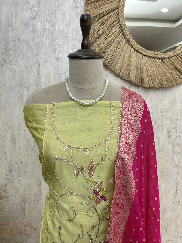 Maheshwari_Unstitched_Suit_With_Floral_Hand_Embroidery_Neon_Green