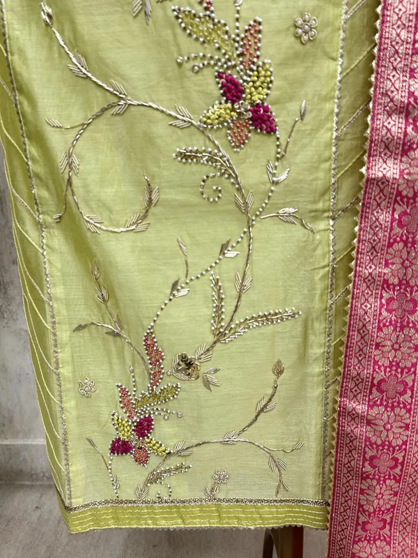 Maheshwari_Unstitched_Suit_With_Floral_Hand_Embroidery_Neon_Green