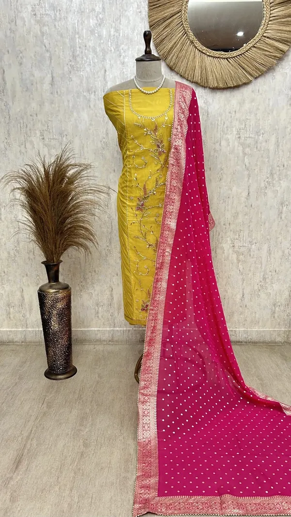 Maheshwari_Unstitched_Suit_With_Floral_Hand_Embroidery_Mustard_Yellow