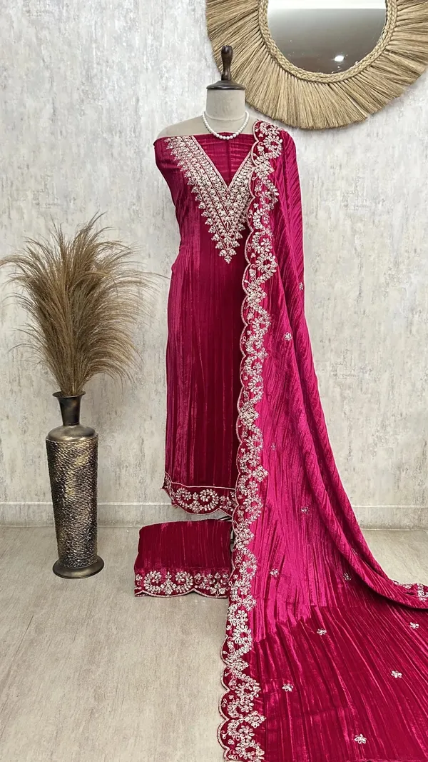 Velvet_Unstitched_Suit_With_Mirror_Zari_Work_Magenta_Pink