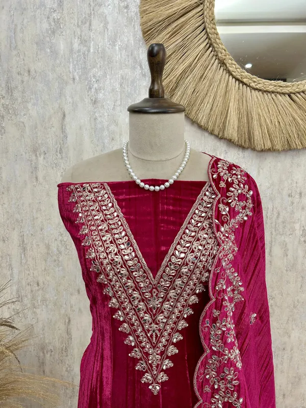 Velvet_Unstitched_Suit_With_Mirror_Zari_Work_Magenta_Pink