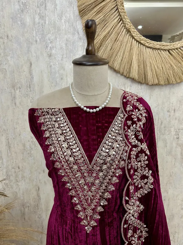 Velvet_Unstitched_Suit_With_Mirror_Zari_Work_Wine_Purple