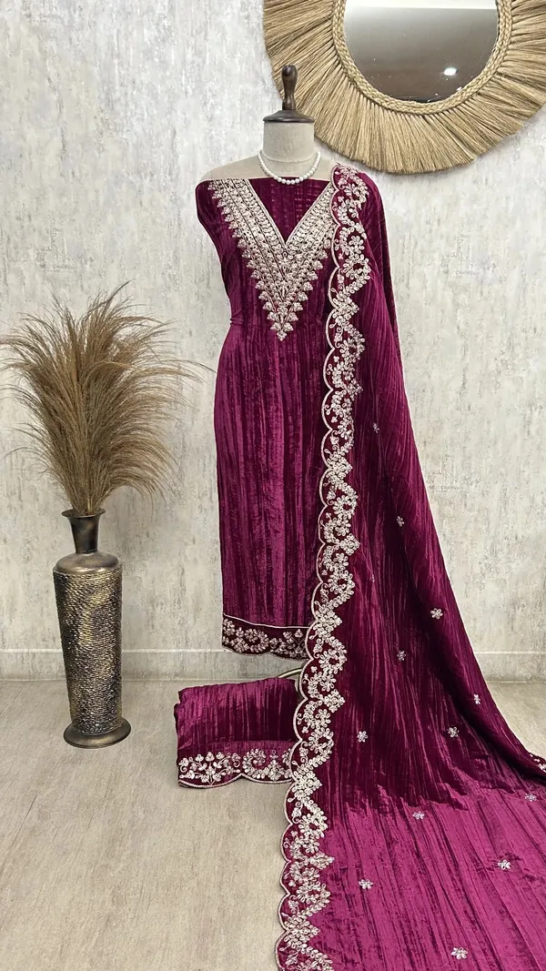 Velvet_Unstitched_Suit_With_Mirror_Zari_Work_Wine_Purple