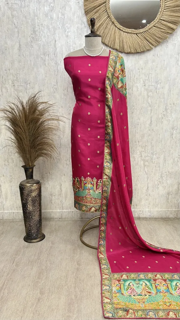 Fine_Silk_Unstitched_Suit_With_Folk_Motifs_Magenta_Pink