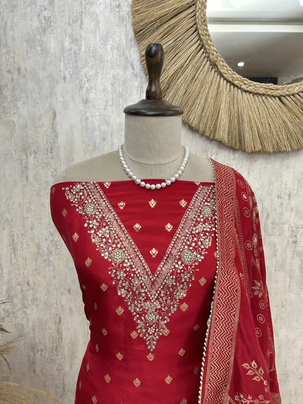 Dola_Silk_Unstitched_Suit_With_V_Neckline_Red_1
