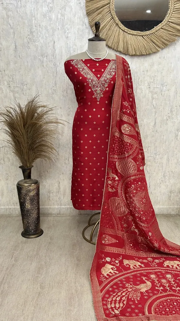 Dola_Silk_Unstitched_Suit_With_V_Neckline_Red_1