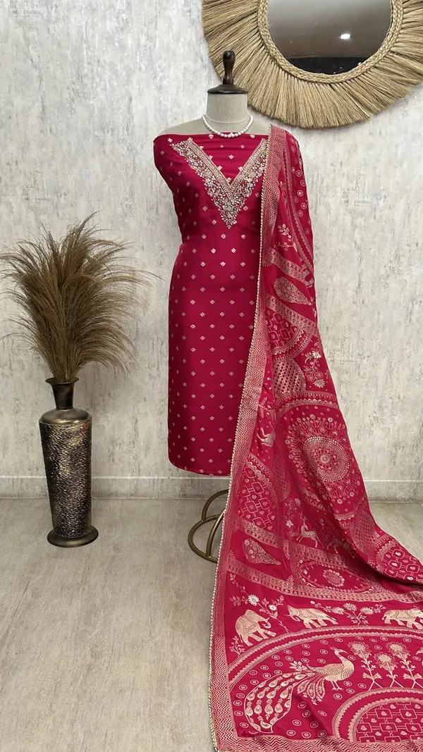 Dola_Silk_Unstitched_Suit_With_V_Neckline_Magenta