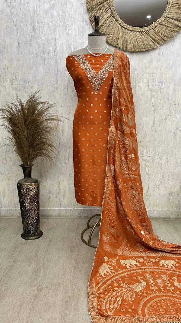 Dola_Silk_Unstitched_Suit_With_V_Neckline_Orange