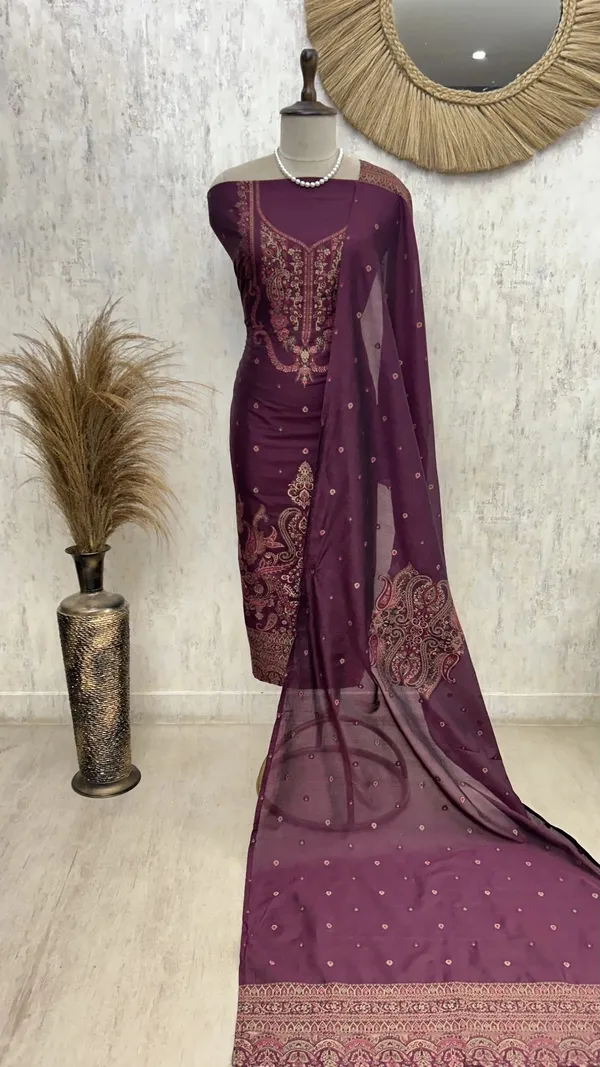 Cotton_Silk_Unstitched_Suit_With_Jamdani_Weaving_Wine_Purple