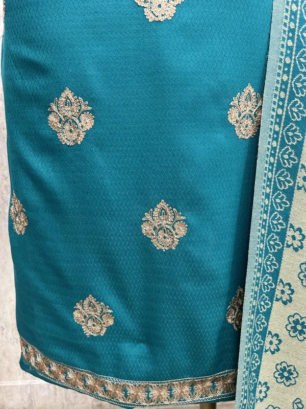 Cashmere_Wool_Unstitched_Suit_With_Aari_Work_Turquoise