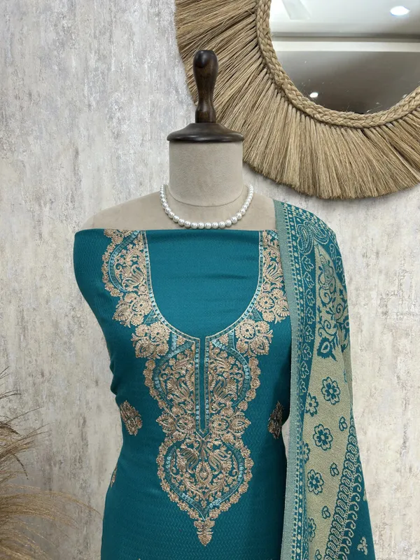 Cashmere_Wool_Unstitched_Suit_With_Aari_Work_Turquoise