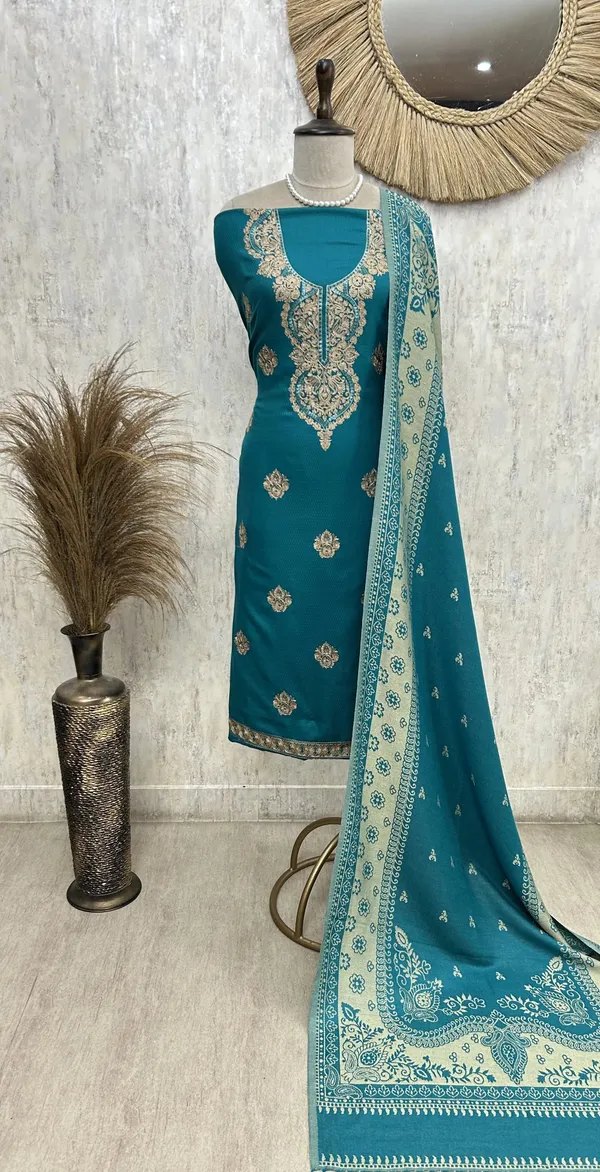 Cashmere_Wool_Unstitched_Suit_With_Aari_Work_Turquoise