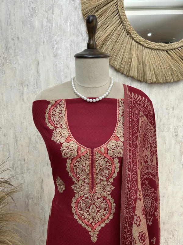 Cashmere_Wool_Unstitched_Suit_With_Aari_Work_Maroon