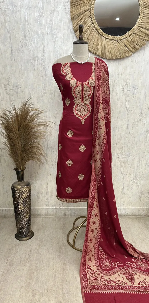 Cashmere_Wool_Unstitched_Suit_With_Aari_Work_Maroon