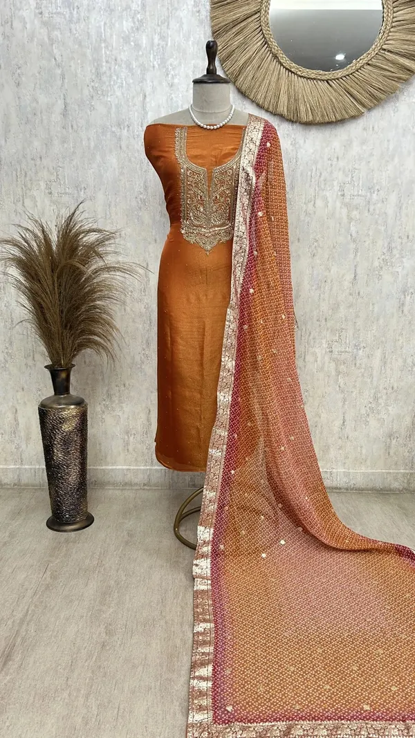 Gleam_Tissue_Unstitched_Suit_Rust_Orange_With_Golden_Embroidery