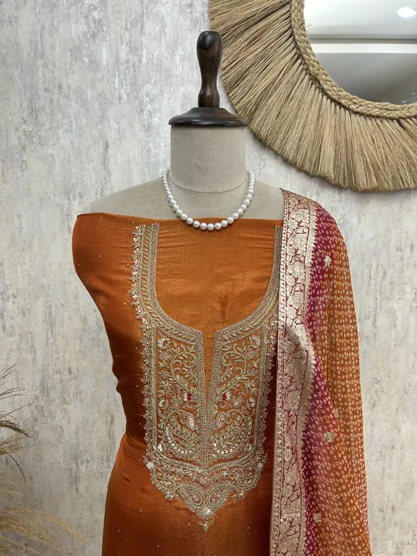 Gleam_Tissue_Unstitched_Suit_Rust_Orange_With_Golden_Embroidery