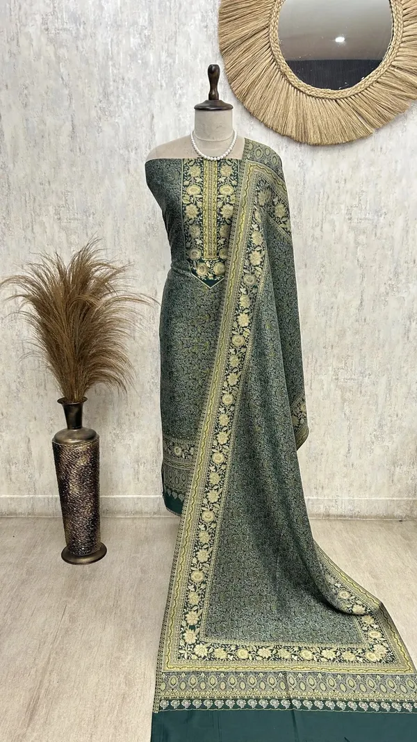 Kashmiri_Pashmina_Unstitched_Suit_Metallic_Green