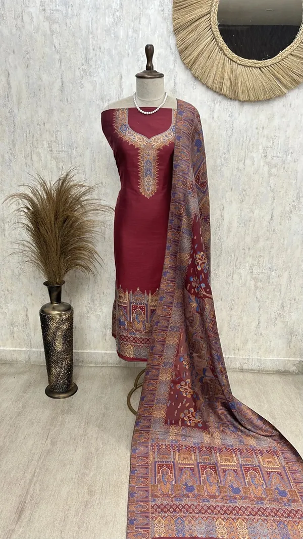 Kani_Weaving_Silk_Unstitched_Suit_Maroon