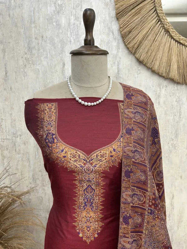 Kani_Weaving_Silk_Unstitched_Suit_Maroon_1