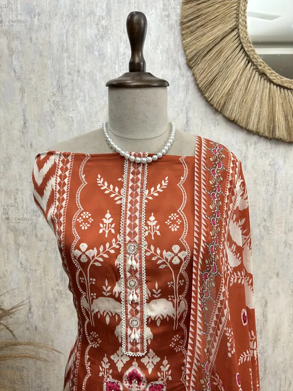 Russian_Crepe_Unstitched_Suit_Set_Featuring_Organza_Dupatta_Orange