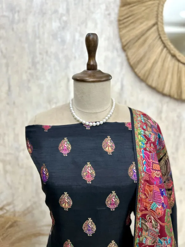 Silk_Unstitched_Suit_Set_Featuring_Silk_Dupatta_Black