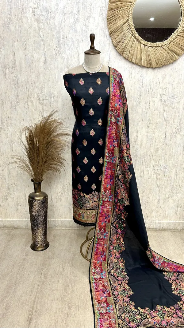 Silk_Unstitched_Suit_Set_Featuring_Silk_Dupatta_Black