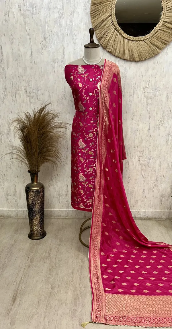 Dola_Silk_Unstitched_Suit_Set_Featuring_Weaving_Work_Dark_Pink