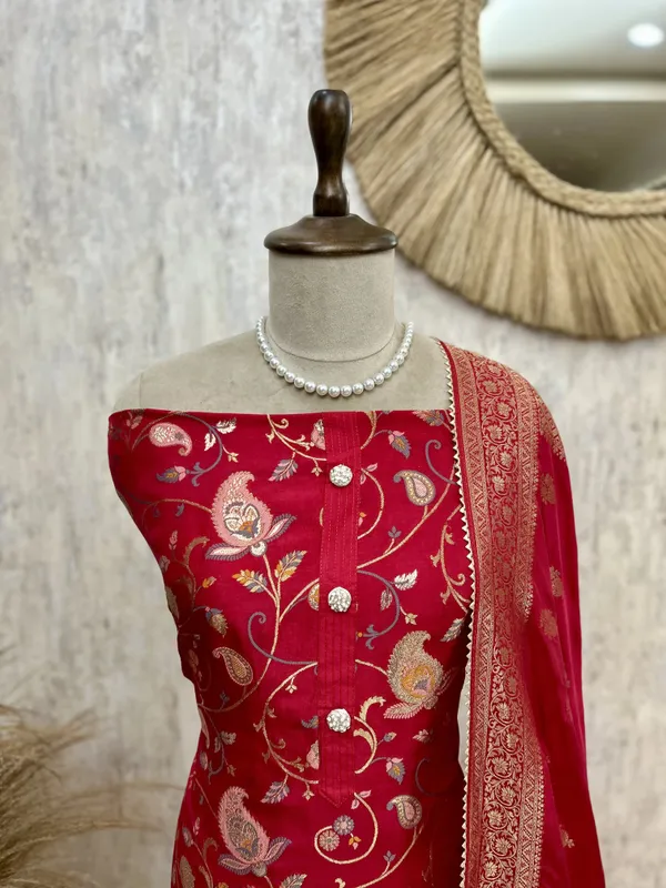 Dola_Silk_Unstitched_Suit_Set_Featuring_Weaving_Work_Red_1
