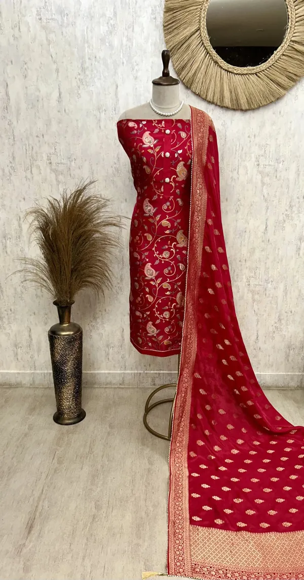 Dola_Silk_Unstitched_Suit_Set_Featuring_Weaving_Work_Red_1