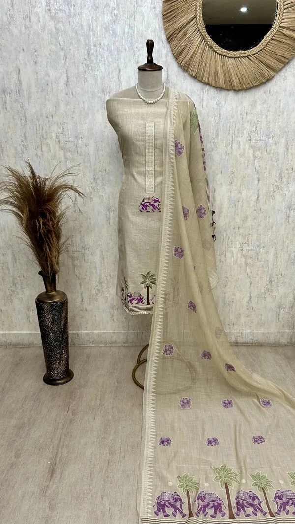 Jamdani_Linen_Unstitched_Suit_Set_Featuring_Applique_Work_Wine_Purple