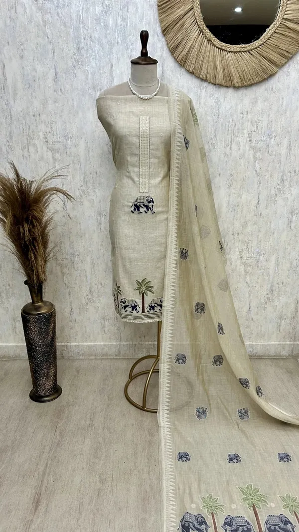 Jamdani_Linen_Unstitched_Suit_Set_Featuring_Applique_Work_Blue