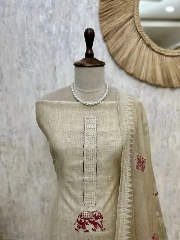 Jamdani_Linen_Unstitched_Suit_Set_Featuring_Applique_Work_Red_1