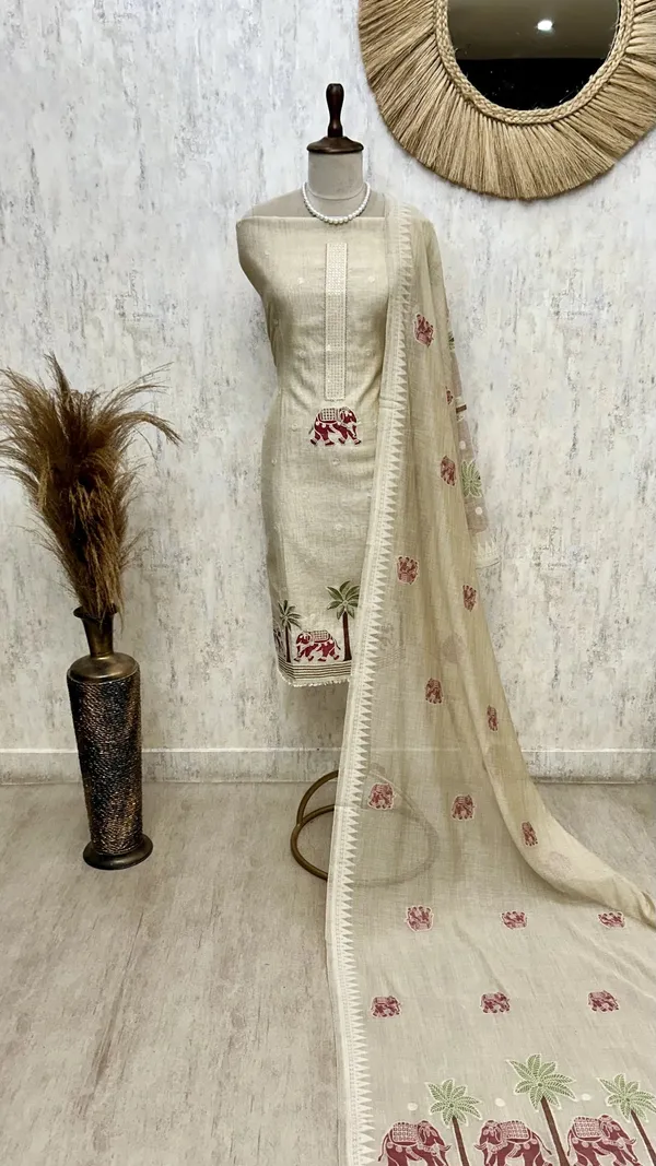 Jamdani_Linen_Unstitched_Suit_Set_Featuring_Applique_Work_Red_1