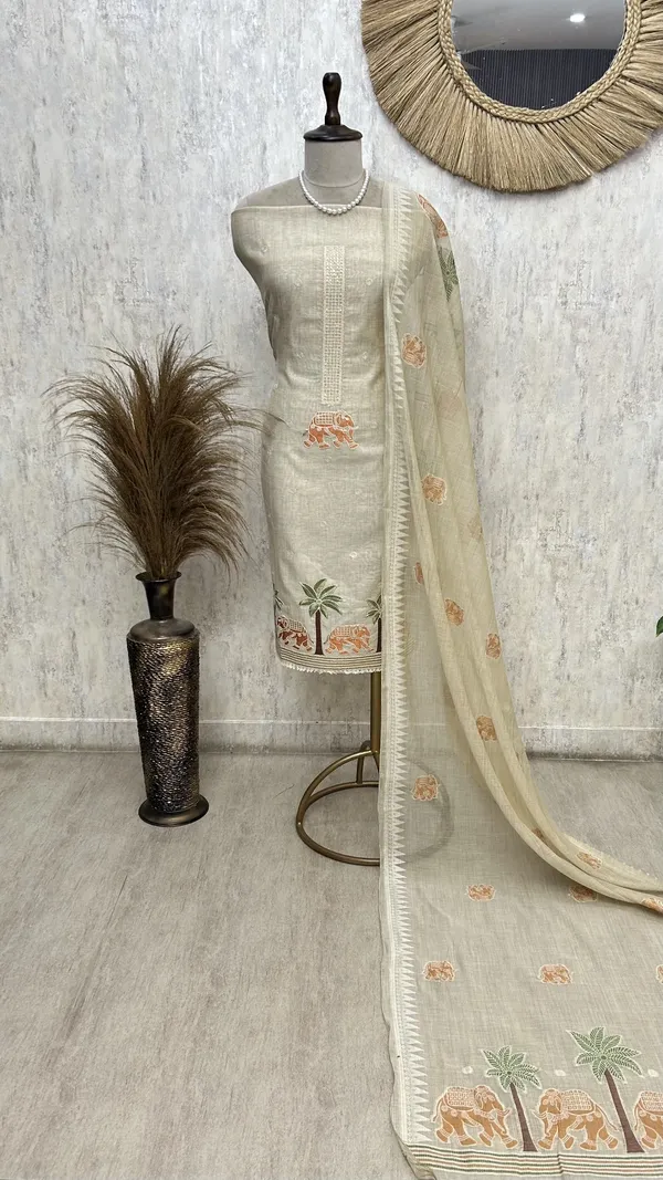 Jamdani_Linen_Unstitched_Suit_Set_Featuring_Applique_Work_Orange