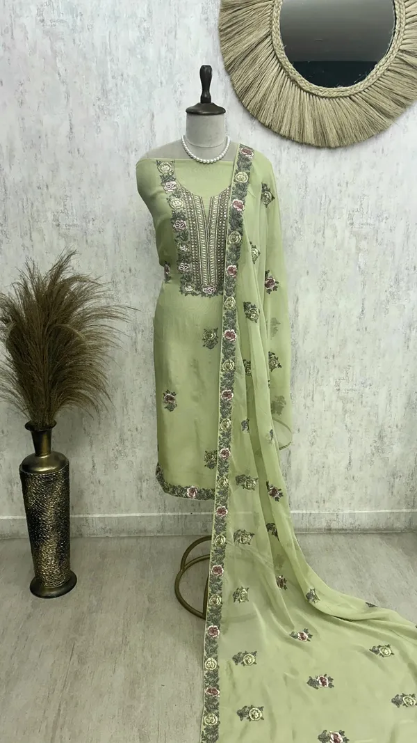 Unstitched_Organza_Suit_Set_Featuring_Thread_Embroidery_Green