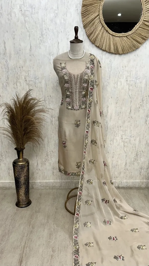 Unstitched_Organza_Suit_Set_Featuring_Thread_Embroidery_Beige