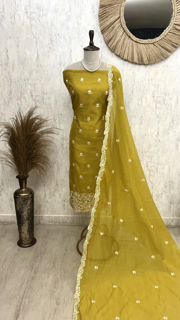 Mul_Chanderi_Unstitched_Suit_Set_Featuring_Mul_Chanderi_Dupatta_Neon_Green