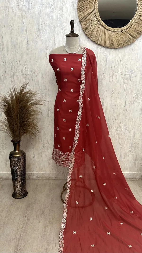 Mul_Chanderi_Unstitched_Suit_Set_Featuring_Mul_Chanderi_Dupatta_Cherry_Red